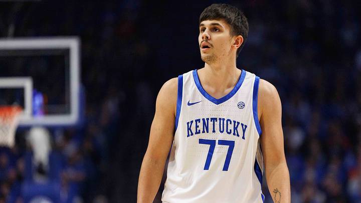 Nov 26, 2024; Lexington, Kentucky, USA; Kentucky Wildcats guard Kerr Kriisa (77) looks on during the first half against the Western Kentucky Hilltoppers at Rupp Arena at Central Bank Center. Mandatory Credit: Jordan Prather-Imagn Images