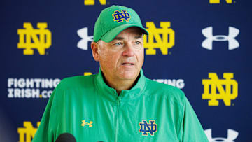 Notre Dame offensive coordinator and tight ends coach Mike Denbrock addresses media after a Notre Dame football practice at Irish Athletic Center on Thursday, Aug. 1, 2024, in South Bend.