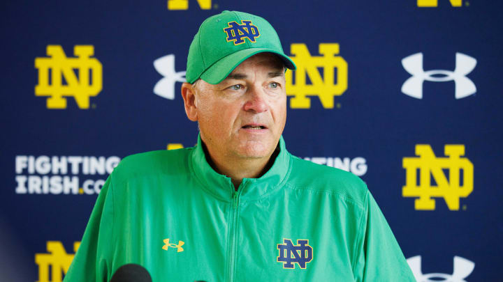 Notre Dame offensive coordinator and tight ends coach Mike Denbrock addresses media after a Notre Dame football practice at Irish Athletic Center on Thursday, Aug. 1, 2024, in South Bend.