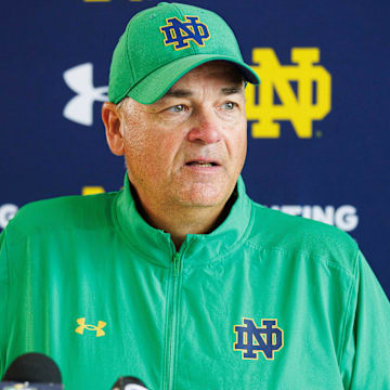 Notre Dame offensive coordinator and tight ends coach Mike Denbrock addresses media after a Notre Dame football practice at Irish Athletic Center on Thursday, Aug. 1, 2024, in South Bend.