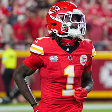 Sep 5, 2024; Kansas City, Missouri, USA; Kansas City Chiefs wide receiver Xavier Worthy (1) returns to the sidelines after a play against the Baltimore Ravens during the second half at GEHA Field at Arrowhead Stadium. Mandatory Credit: Denny Medley-Imagn Images