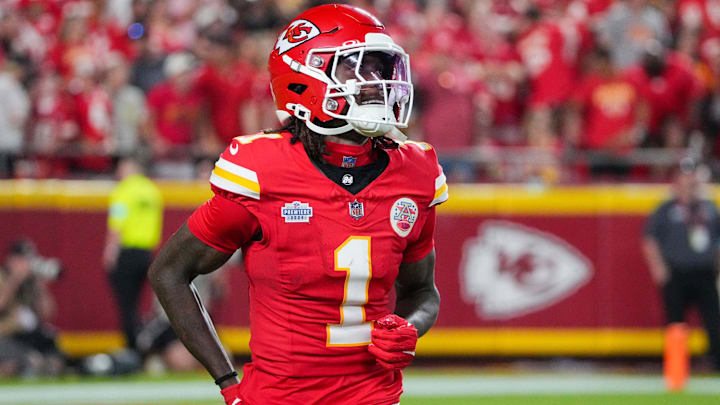 Sep 5, 2024; Kansas City, Missouri, USA; Kansas City Chiefs wide receiver Xavier Worthy (1) returns to the sidelines after a play against the Baltimore Ravens during the second half at GEHA Field at Arrowhead Stadium. Mandatory Credit: Denny Medley-Imagn Images