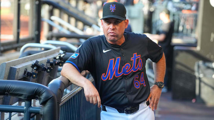 Jul 10, 2024; New York City, New York, USA; New York Mets manager Carlos Mendoza (64) prior to the game against the Washington Nationals at Citi Field. Mandatory Credit: Gregory Fisher-USA TODAY Sports