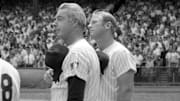 August 8, 1970; New York, NY, USA; Yankees Old Timers Joe DiMaggio and Mickey Mantle pause for the national anthem at the start of the annual Old-Timers' Day game at Yankee Stadium 
