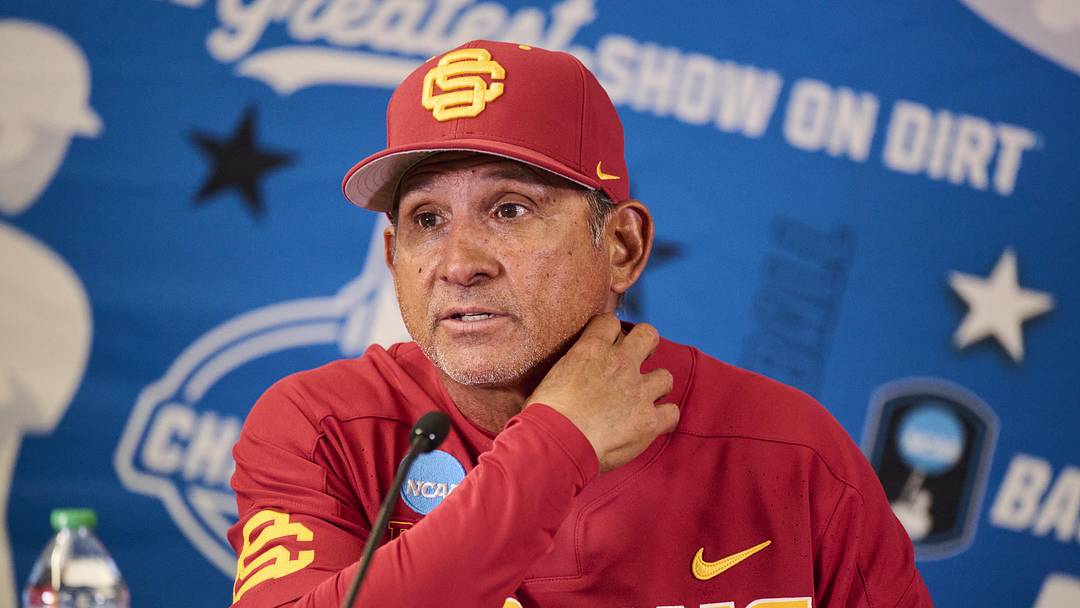 May 31, 2025; Corvallis, OR, USA; USC head coach Andy Stankiewicz takes questions after a game against Saint Mary's at the NCAA Corvallis Regional at Goss Stadium. Mandatory Credit: Troy Wayrynen-Imagn Images