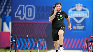 Mar 2, 2025; Indianapolis, IN, USA; Iowa offensive lineman Connor Colby (OL06) during the 2025 NFL Scouting Combine at Lucas Oil Stadium. Mandatory Credit: Kirby Lee-Imagn Images