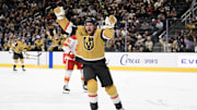Oct 28, 2024; Las Vegas, Nevada, USA; Vegas Golden Knights right wing Mark Stone (61) celebrates his goal against the Calgary Flames in the second period at T-Mobile Arena. Mandatory Credit: Candice Ward-Imagn Images
