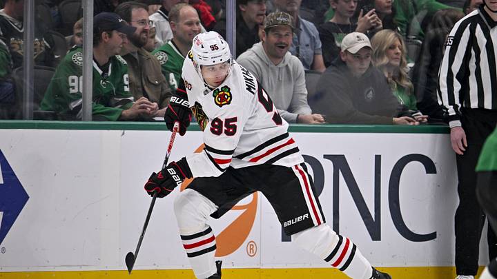 Mar 8, 2026; Dallas, Texas, USA; Chicago Blackhawks right wing Ilya Mikheyev (95) skates against the Dallas Stars during the game between the Stars and the Blackhawks at American Airlines Center. Mandatory Credit: Jerome Miron-Imagn Images