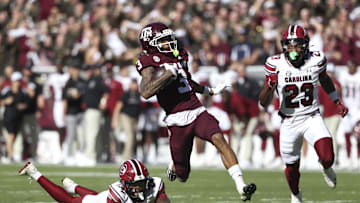 Nov 15, 2025; College Station, Texas, USA; Texas A&M Aggies wide receiver Ashton Bethel-Roman (3) runs with the ball during the third quarter against the South Carolina Gamecocks at Kyle Field. Mandatory Credit: Troy Taormina-Imagn Images