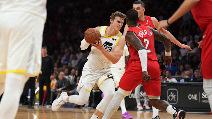 Jan 4, 2025; Miami, Florida, USA; Utah Jazz forward Lauri Markkanen (23) drives to the basket against Miami Heat guard Terry Rozier (2) during the first half at Kaseya Center. Mandatory Credit: Jim Rassol-Imagn Images Jan 4, 2025; Miami, Florida, USA; Utah Jazz forward Lauri Markkanen (23) drives to the basket against Miami Heat guard Terry Rozier (2) during the first half at Kaseya Center. Mandatory Credit: Jim Rassol-Imagn Images