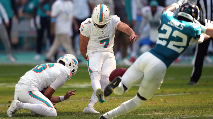 Sep 8, 2024; Miami Gardens, Florida, USA; Miami Dolphins place kicker Jason Sanders (7) kicks the game-winning field goal against the Jacksonville Jaguars at Hard Rock Stadium.