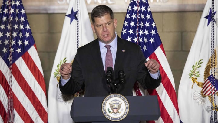 Nov 19, 2021; Columbus, OH, USA; U.S. Secretary of Labor Marty Walsh introduces Vice President Kamala Harris during an event at Plumbers and Pipefitters Local 189. Harris was in Columbus to discuss local effects of the recently-passed infrastructure bill. Mandatory Credit: Joshua A. Bickel-USA TODAY NETWORK