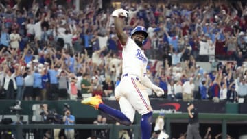 Texas Rangers right fielder Adolis Garcia (53) rounds the bases after hitting a walk-off home run