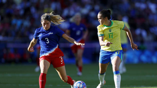 Team USA soccer standout Korbin Albert battles for the ball in the 2024 Olympics Gold Medal match