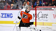 Jan 20, 2024; Philadelphia, Pennsylvania, USA; Philadelphia Flyers goalie Carter Hart (79) reacts after allowing a goal against the Colorado Avalanche in the first period at Wells Fargo Center. Mandatory Credit: Kyle Ross-Imagn Images