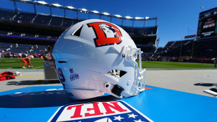 Oct 8, 2023; Denver, Colorado, USA; Detailed view of a White Cap edition Denver Broncos helmet worn Oct 8, 2023; Denver, Colorado, USA; Detailed view of a White Cap edition Denver Broncos helmet worn