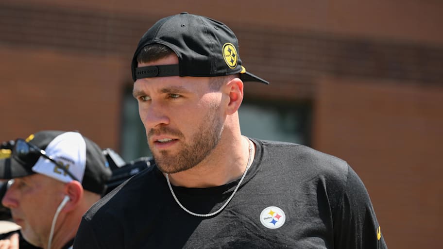 Pittsburgh Steelers linebacker T.J. Watt arrives to training camp at Saint Vincent College. | Barry Reeger-Imagn Images