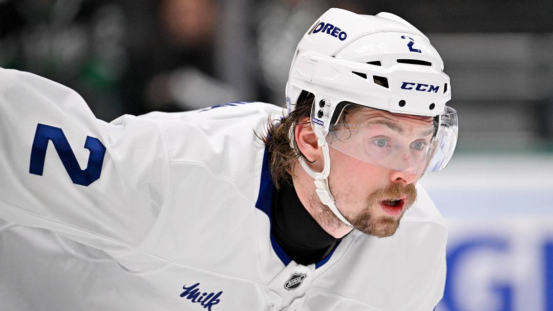 Dec 21, 2025; Dallas, Texas, USA; Toronto Maple Leafs defenseman Simon Benoit (2) looks on during the game at the American Airlines Center. Mandatory Credit: Jerome Miron-Imagn Images