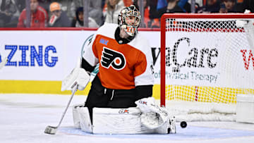 Jan 20, 2024; Philadelphia, Pennsylvania, USA; Philadelphia Flyers goalie Carter Hart (79) reacts after allowing a goal against the Colorado Avalanche in the first period at Wells Fargo Center. Mandatory Credit: Kyle Ross-Imagn Images