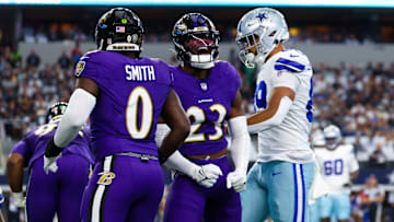 Sep 22, 2024; Arlington, Texas, USA;  Baltimore Ravens linebacker Trenton Simpson (23) reacts during the first quarter against the Dallas Cowboys at AT&T Stadium. Mandatory Credit: Kevin Jairaj-Imagn Images