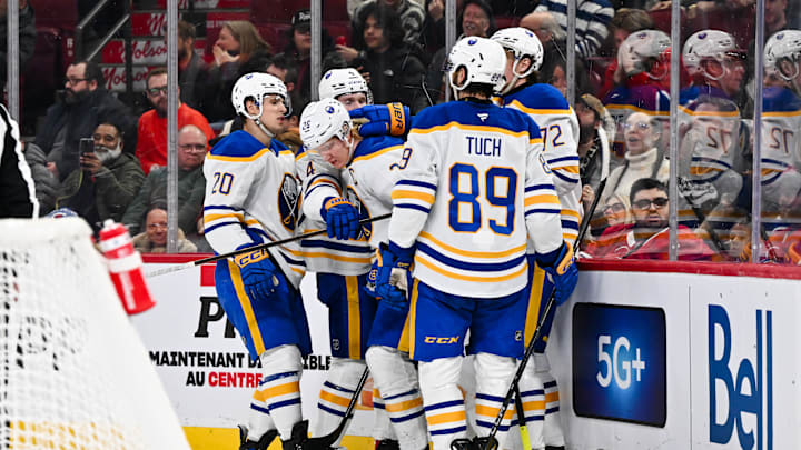 The Sabres celebrating their tying goal against the Canadiens last night.