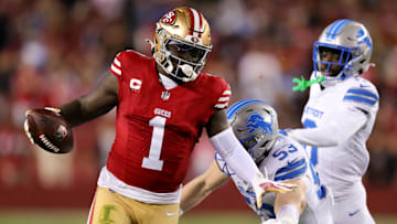 Dec 30, 2024; Santa Clara, California, USA; San Francisco 49ers wide receiver Deebo Samuel Sr. (1) runs with the ball during the first quarter against the Detroit Lions at Levi's Stadium. Mandatory Credit: Sergio Estrada-Imagn Images