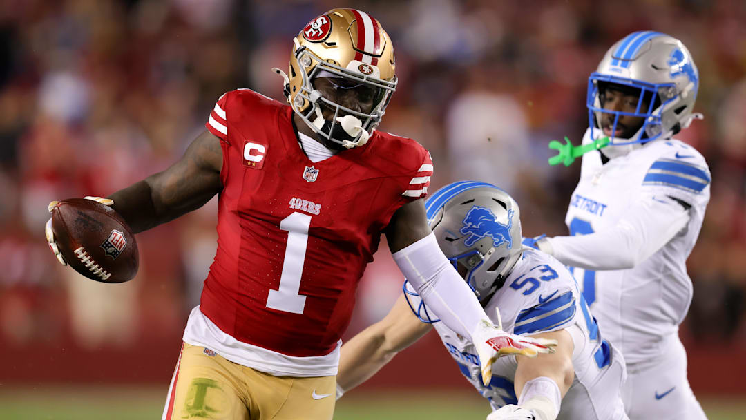 Dec 30, 2024; Santa Clara, California, USA; San Francisco 49ers wide receiver Deebo Samuel Sr. (1) runs with the ball during the first quarter against the Detroit Lions at Levi's Stadium. Mandatory Credit: Sergio Estrada-Imagn Images
