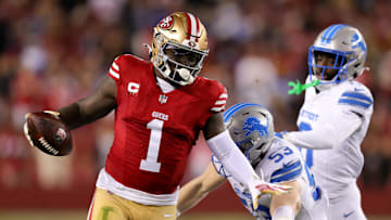 Dec 30, 2024; Santa Clara, California, USA; San Francisco 49ers wide receiver Deebo Samuel Sr. (1) runs with the ball during the first quarter against the Detroit Lions at Levi's Stadium. Mandatory Credit: Sergio Estrada-Imagn Images