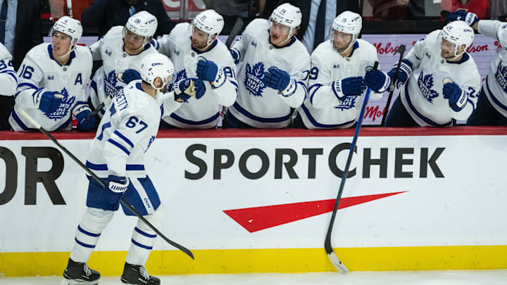 May 1, 2025; Ottawa, Ontario, CAN; Toronto Maple Leafs left wing Max Pachioretty (67) celebrates with team his goal scored in game six of the first round of the 2025 Stanley Cup Playoffs against the Ottawa Senators at Canadian Tire Centre. Mandatory Credit: Marc DesRosiers-Imagn Images