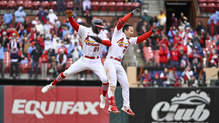 Apr 16, 2023; St. Louis, Missouri, USA;  St. Louis Cardinals shortstop Tommy Edman (19) celebrates with left fielder Lars Nootbaar (21) after hitting a walk-off one run single against the Pittsburgh Pirates during the tenth inning at Busch Stadium. Mandatory Credit: Jeff Curry-USA TODAY Sports