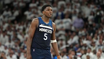May 26, 2025; Minneapolis, Minnesota, USA;Minnesota Timberwolves guard Anthony Edwards (5) reacts against the Oklahoma City Thunder in the first half during game four of the western conference finals for the 2025 NBA Playoffs at Target Center. Mandatory Credit: Jesse Johnson-Imagn Images