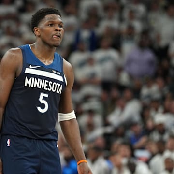 May 26, 2025; Minneapolis, Minnesota, USA;Minnesota Timberwolves guard Anthony Edwards (5) reacts against the Oklahoma City Thunder in the first half during game four of the western conference finals for the 2025 NBA Playoffs at Target Center. Mandatory Credit: Jesse Johnson-Imagn Images