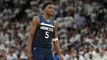 May 26, 2025; Minneapolis, Minnesota, USA;Minnesota Timberwolves guard Anthony Edwards (5) reacts against the Oklahoma City Thunder in the first half during game four of the western conference finals for the 2025 NBA Playoffs at Target Center. Mandatory Credit: Jesse Johnson-Imagn Images
