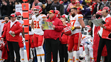 Jan 28, 2024; Baltimore, Maryland, USA; Kansas City Chiefs head coach Andy Reid (center) looks on from the sidelines during the first half against the Baltimore Ravens in the AFC Championship football game at M&T Bank Stadium. Mandatory Credit: Tommy Gilligan-Imagn Images