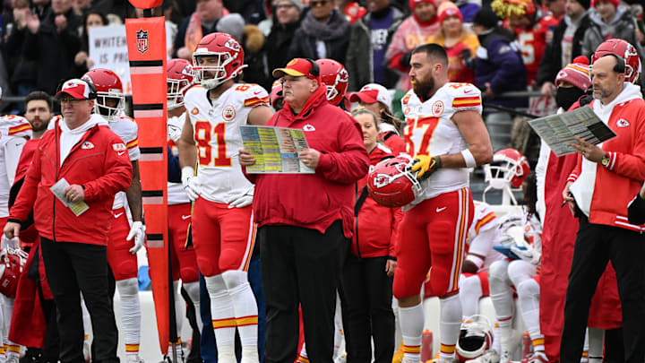 Jan 28, 2024; Baltimore, Maryland, USA; Kansas City Chiefs head coach Andy Reid (center) looks on from the sidelines during the first half against the Baltimore Ravens in the AFC Championship football game at M&T Bank Stadium. Mandatory Credit: Tommy Gilligan-Imagn Images