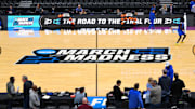 The March Madness logo at Climate Pledge Arena during the Memphis Tigers practice