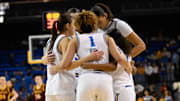 Feb 2, 2025; Los Angeles, California, USA; UCLA Bruins starting five: UCLA Bruins guard Kiki Rice (1), Gabriela Jaquez (11),  Angela Dugalic (32), Lauren Betts (51) and Londynn Jones (3) huddle before playing Minnesota Golden Gophers at Pauley Pavilion presented by Wescom. Mandatory Credit: Robert Hanashiro-Imagn Images