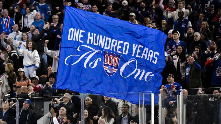 Nov 16, 2025; New York, New York, USA; General view of a flag being waved by New York Rangers staff during the second period against the Detroit Red Wings at Madison Square Garden. Nov 16, 2025; New York, New York, USA; General view of a flag being waved by New York Rangers staff during the second period against the Detroit Red Wings at Madison Square Garden.