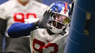 Jun 17, 2025; East Rutherford, NJ, USA; New York Giants defensive tackle Rakeem Nunez-Roches (93) participates in a drill during minicamp at Quest Diagnostics Training Center. Mandatory Credit: John Jones-Imagn Images
