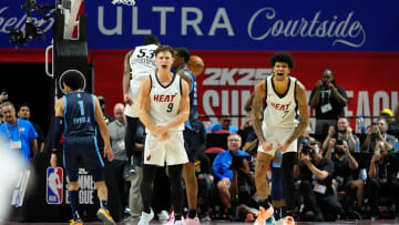 Jul 22, 2024; Las Vegas, NV, USA; Miami Heat guard Pelle Larsson (9) reacts with center Kel’el Ware (7) after scoring against the Memphis Grizzlies during the overtime at Thomas & Mack Center. Mandatory Credit: Lucas Peltier-USA TODAY Sports