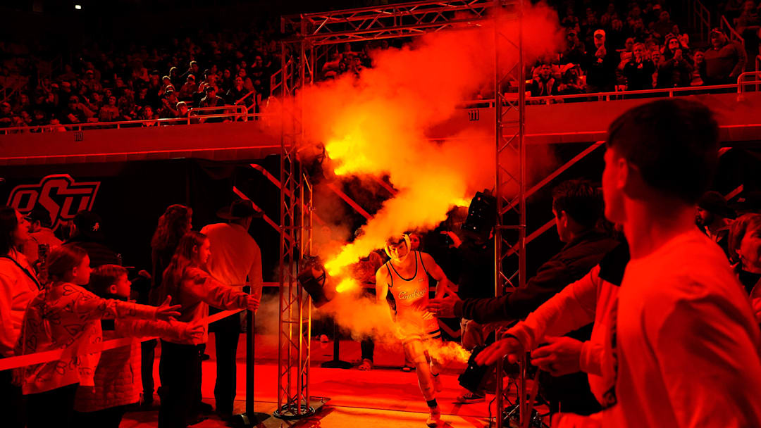 Oklahoma State's Tagen Jamison is introduced during the college wrestling dual between Oklahoma State and Air Force at Gallagher-Iba Arena in Stillwater, Okla., Friday, Jan., 3, 2025.
