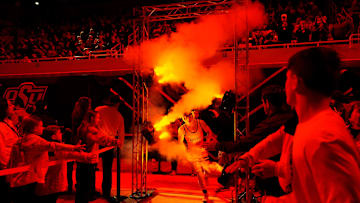 Oklahoma State's Tagen Jamison is introduced during the college wrestling dual between Oklahoma State and Air Force at Gallagher-Iba Arena in Stillwater, Okla., Friday, Jan., 3, 2025.