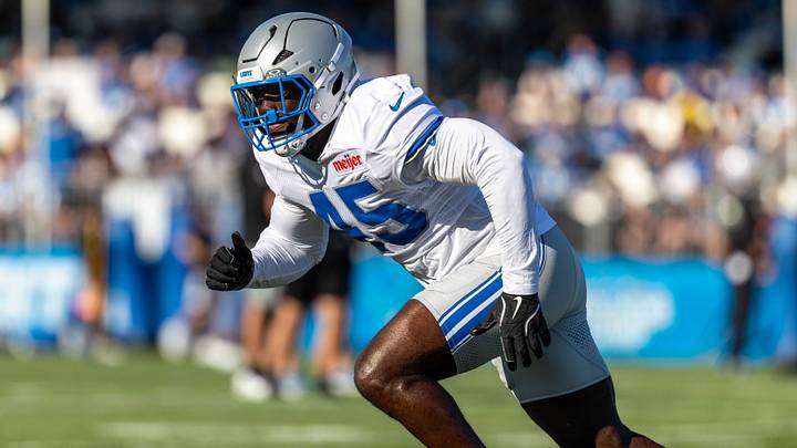 Aug 3, 2026; Allen Park, MI, USA; Detroit Lions linebacker Devin White (45) participates in a linebacker drill during Detroit Lions training camp. Mandatory Credit: Paul Barnick-Imagn Images