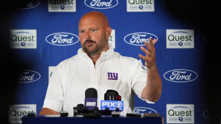 Jul 25, 2024; East Rutherford, NY, USA; New York Giants head coach Brian Daboll speaks at a press conference before training camp at Quest Diagnostics Training Center. Mandatory Credit: Lucas Boland-USA TODAY Sports