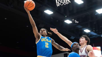 Feb 7, 2024; Stanford, California, USA; UCLA Bruins guard Dylan Andrews (2) attempts to score during