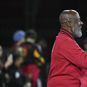 Oct 11, 2024; College Park, Maryland, USA;  Maryland Terrapins head coach Mike Locksley on the field before the game against the Northwestern Wildcats at SECU Stadium. Mandatory Credit: Tommy Gilligan-Imagn Images