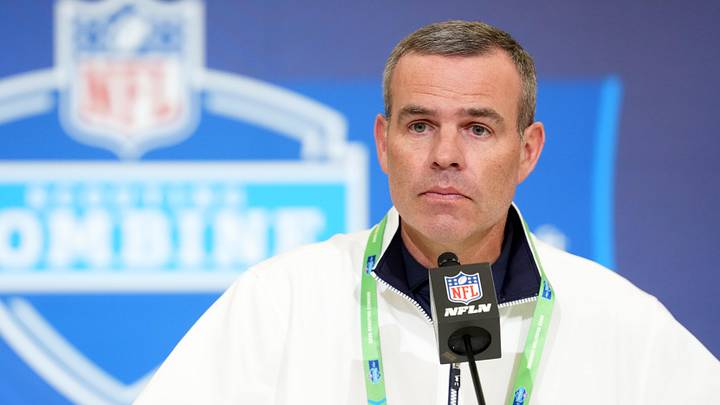 Feb 24, 2026; Indianapolis, IN, USA; Buffalo Bills general manager Brandon Beane speaks at the NFL Scouting Combine at the Indiana Convention Center. Mandatory Credit: Kirby Lee-Imagn Images