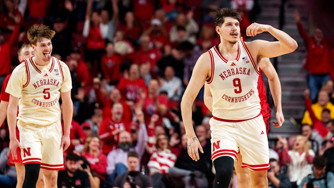 Dec 10, 2025; Lincoln, Nebraska, USA; Nebraska Cornhuskers forward Berke Buyuktuncel (9) reacts after a basket against the Wisconsin Badgers during the second half at Pinnacle Bank Arena. Mandatory Credit: Dylan Widger-Imagn Images