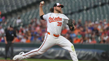 Jul 10, 2024; Baltimore, Maryland, USA; Baltimore Orioles pitcher Corbin Burnes (39) delivers in the second inning against the Chicago Cubs at Oriole Park at Camden Yards. Mandatory Credit: Mitch Stringer-USA TODAY Sports