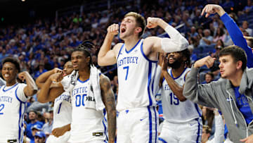 Oct 23, 2024; Lexington, KY, USA; Kentucky Wildcats forward Andrew Carr (7) celebrates from the bench after a play in the second half against the Kentucky Wesleyan Panthers at Rupp Arena at Central Bank Center. Mandatory Credit: Jordan Prather-Imagn Images